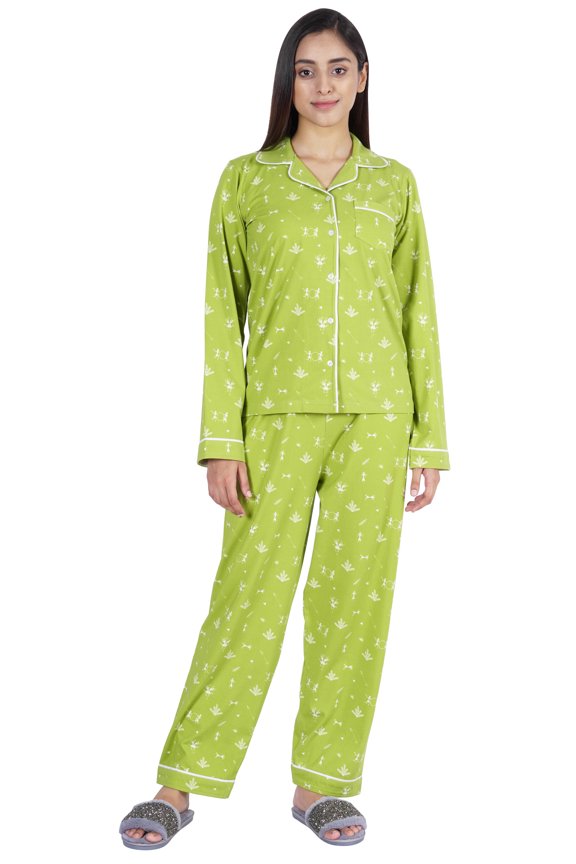 2pcs Nightwear Set For Women Printed Button-Down Sleepwear Top & Pajama Set