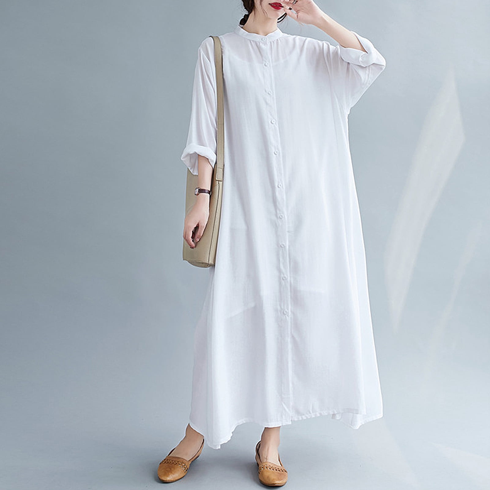 Vintage Women Solid Color Dress Cotton 