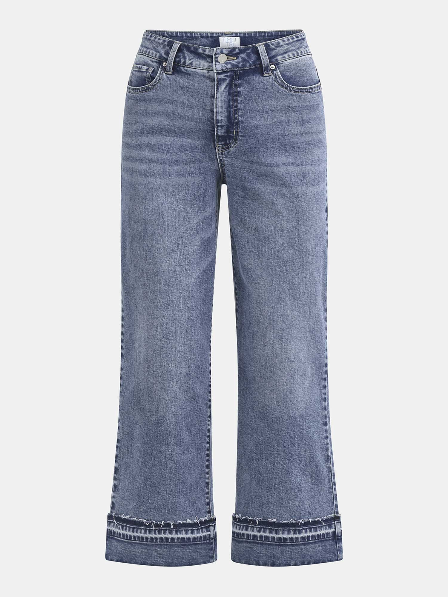 Time and Tru Women's and Women’s Plus High Rise Wide Leg Jeans with Frayed Cuffs, Sizes 2-28