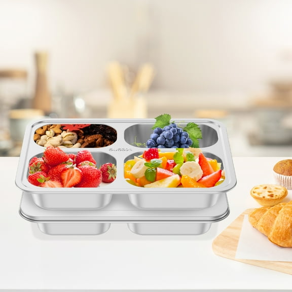 2Pcs Stainless Steel Snack Container with Lid Reusable Divided Meal Box with 4 Compartment Multipurpose Food Storage Container for Home Office Car