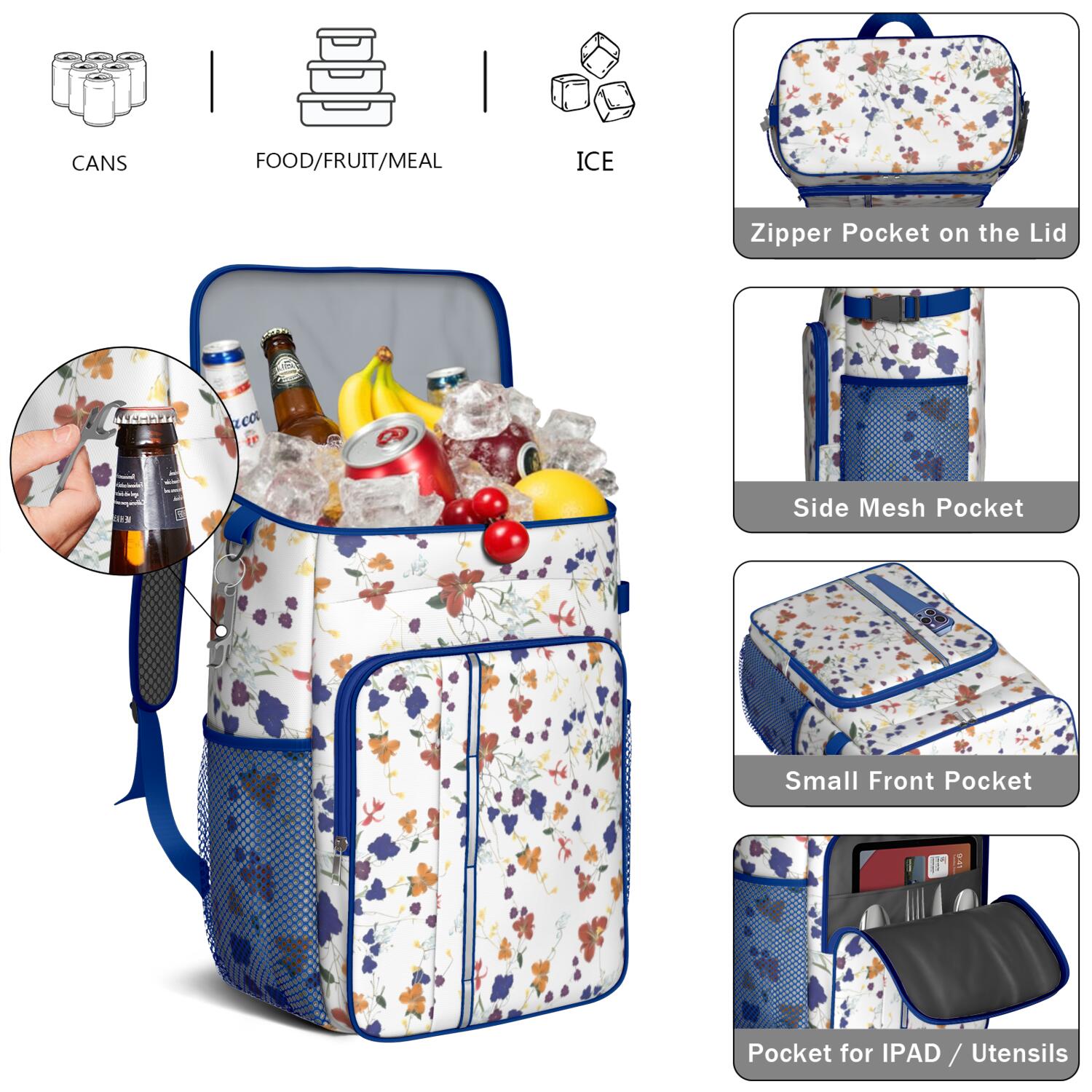 Travel Cooler Bag - Pioneer Flower Floral Print Pattern Camping Beer Cooler Backpack with Bottle Opener- Waterproof Insulated Picnic Backpacks - Cooler Bag for Beach