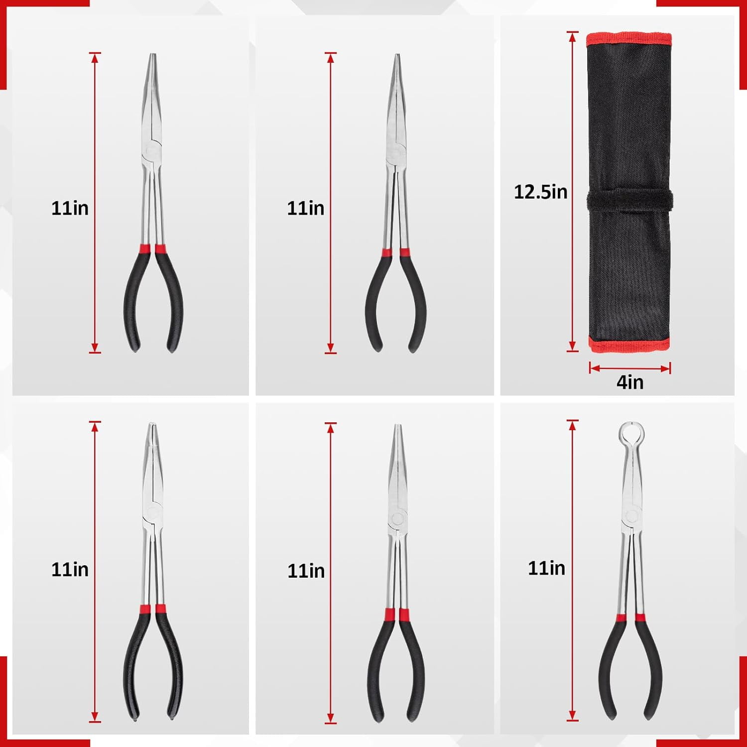 5Pcs Bent Nose 11 Inch Extra Long Needle Nose Set, Straight, 25°/45°/90° Bent, Circle Nose for N Spaces, Hard to Reach Areas & Precision Work