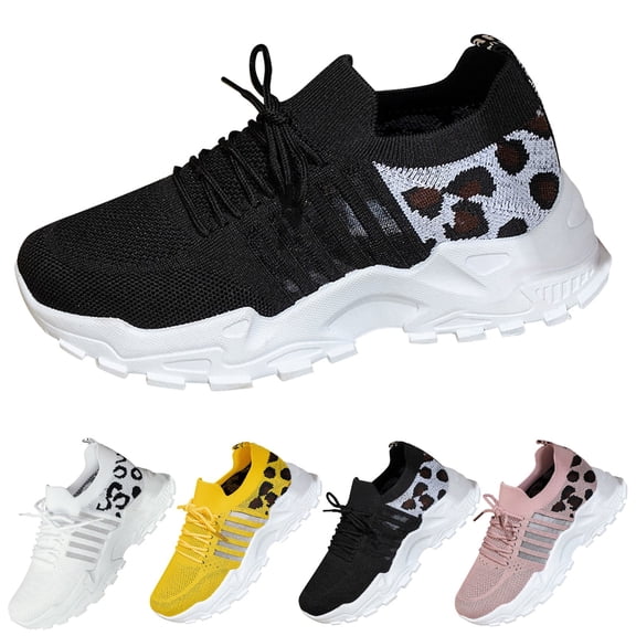 AUDeals Women Leopard Print Sneakers, Breathable Mesh Running Shoes, Casual Lace Up Walking Shoes for Active Use (Black, 6.5)