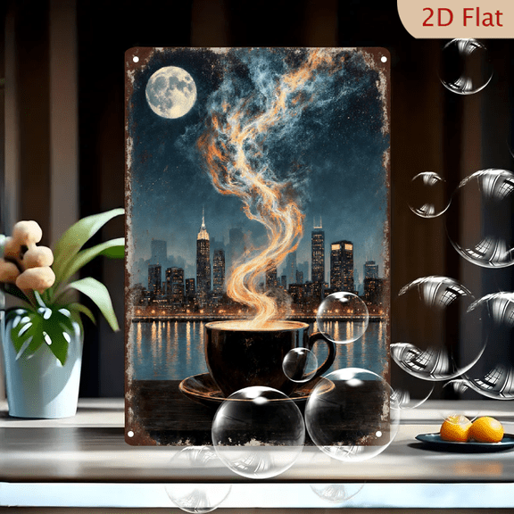 Vintage Retro New York City Coffee Cup Nebula Sky Art Print, 8x12 Inch Metal Wall Decor, Dreamlike Starry Night with Empire State Building and Moon, Nostalgic Dusk Scene for Home Office