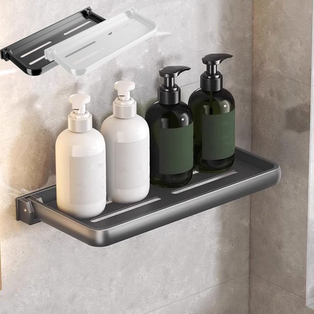 Bandeja plegable para almacenamiento en el baño - Organizador de pared de aleación de aluminio de 30 cm para artículos de aseo y cosméticos, blanco o gris