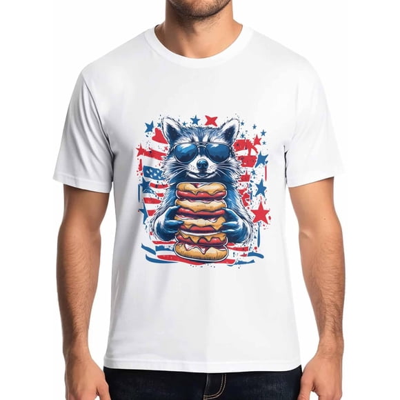 Camisetas de mapache hamburguesa para hombre, camisetas de manga corta para hombre, camiseta de cuello redondo con bandera estadounidense para hombre, camisetas para hombre, blancas - 2XL