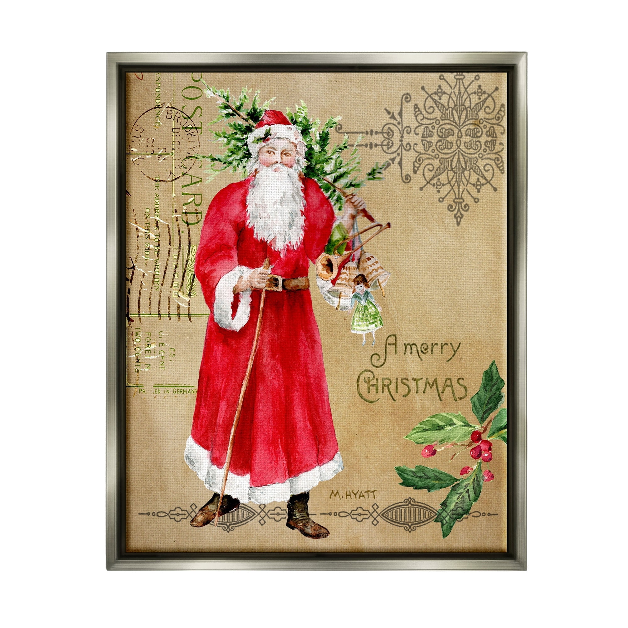 Stupell Industries Vintage Santa Claus Vintage Christmas Postal Design Luster Gray Framed Floating Canvas Wall Art, 16x20, by Melissa Hyatt LLC