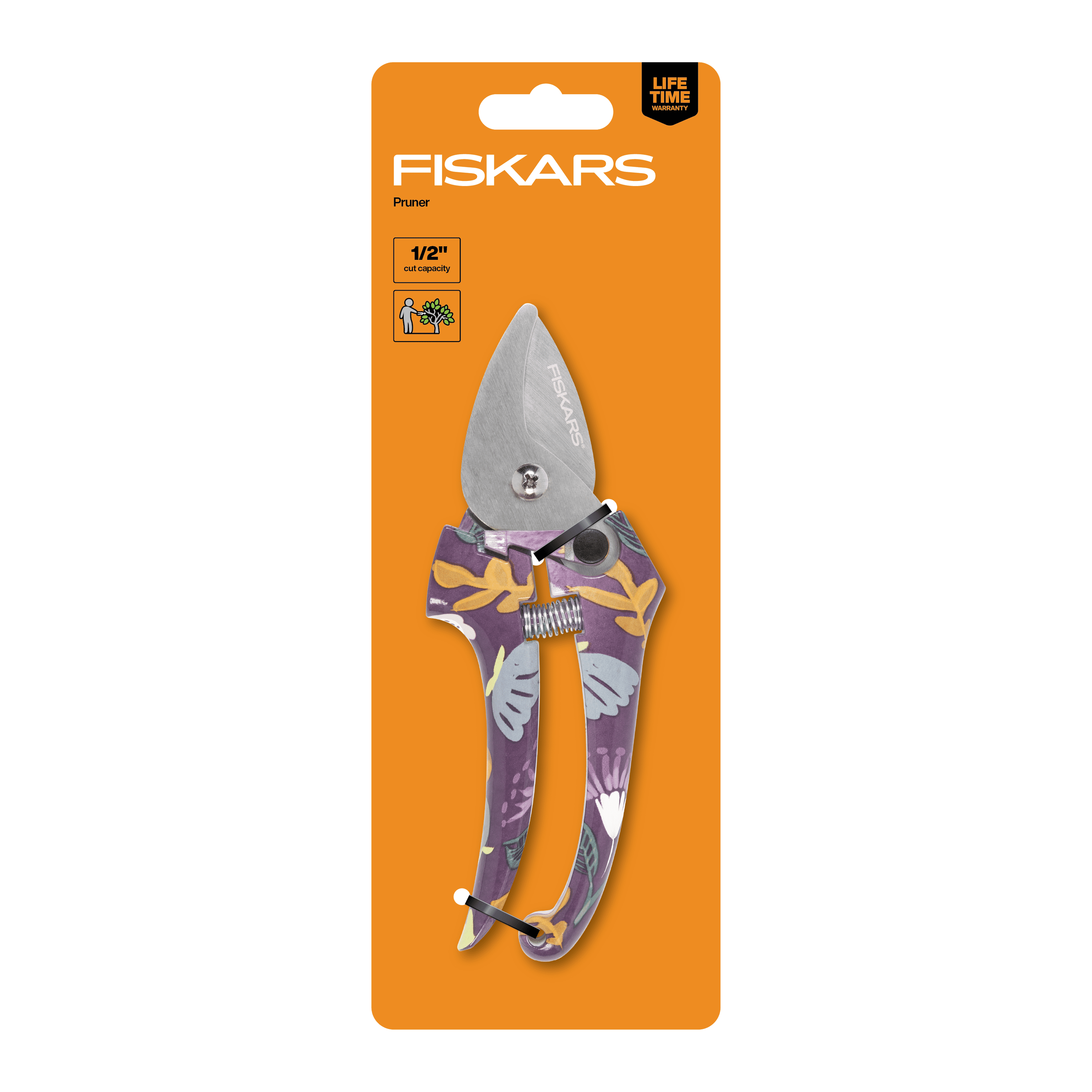 Fiskars 7" Fashion Bypass Pruner, 1/2" Cut Diameter, Purple Floral