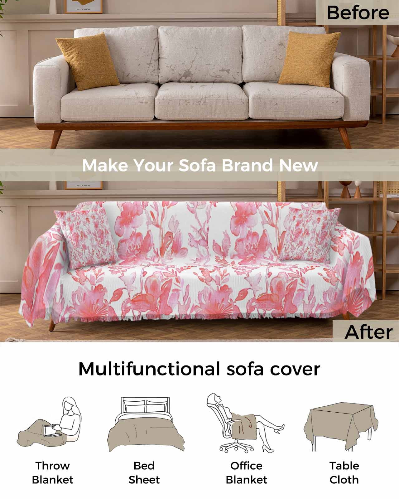 Red Botanical Sofa Couch Covers for Dog,Washable Sectional Couch Slipcoverfor Loveseat with Tassels,Abstract Watercolor Floral Leaves Plant Non Slip Sofa Throw Cover Blanket Large 71''x102''