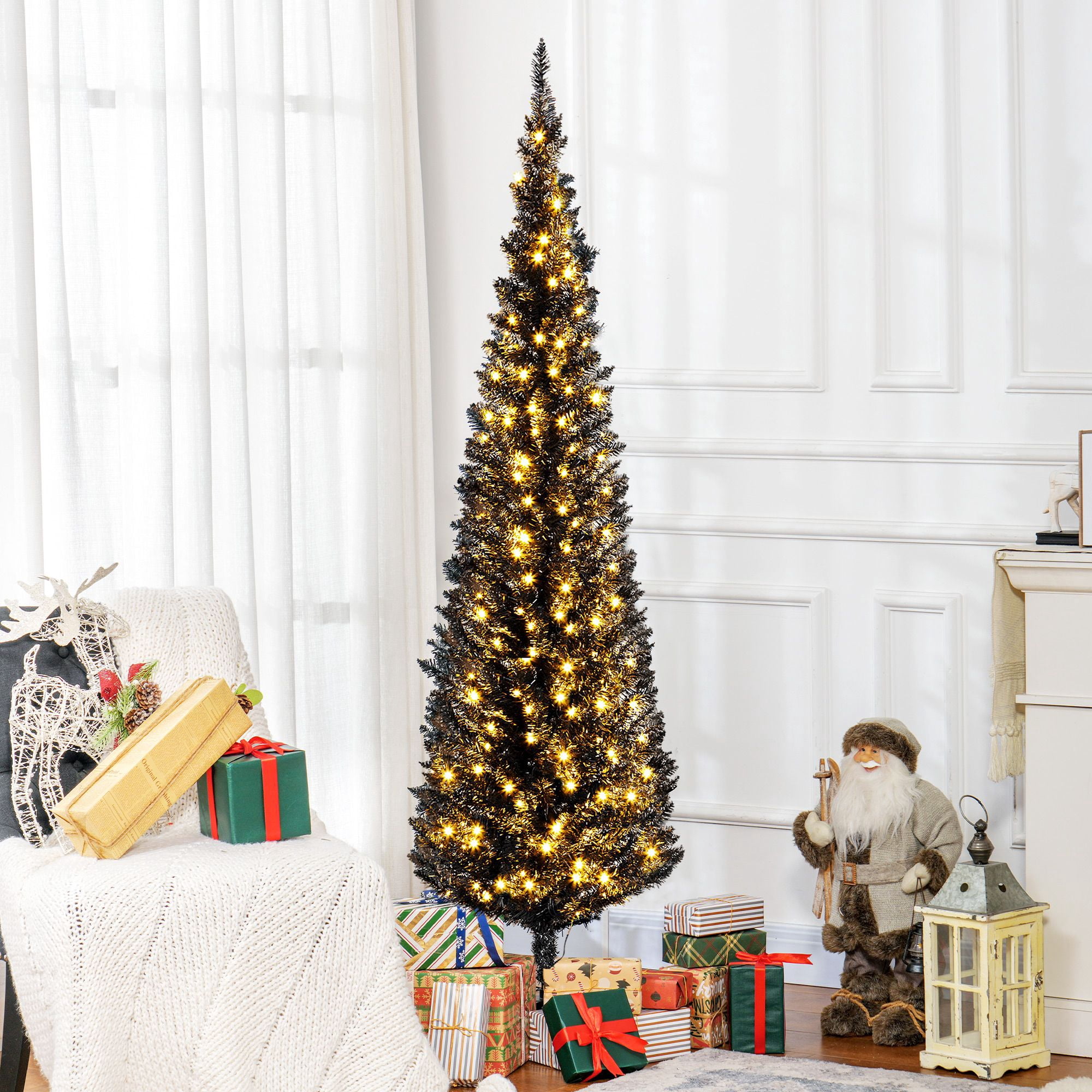 Pre Lit Pencil Christmas Tree, 6 ft Slim Artificial Xmas Tree with Warm White LED Lights, 390 Tips, Flame Retardant Branches, Indoor Holiday Decor for Small Spaces