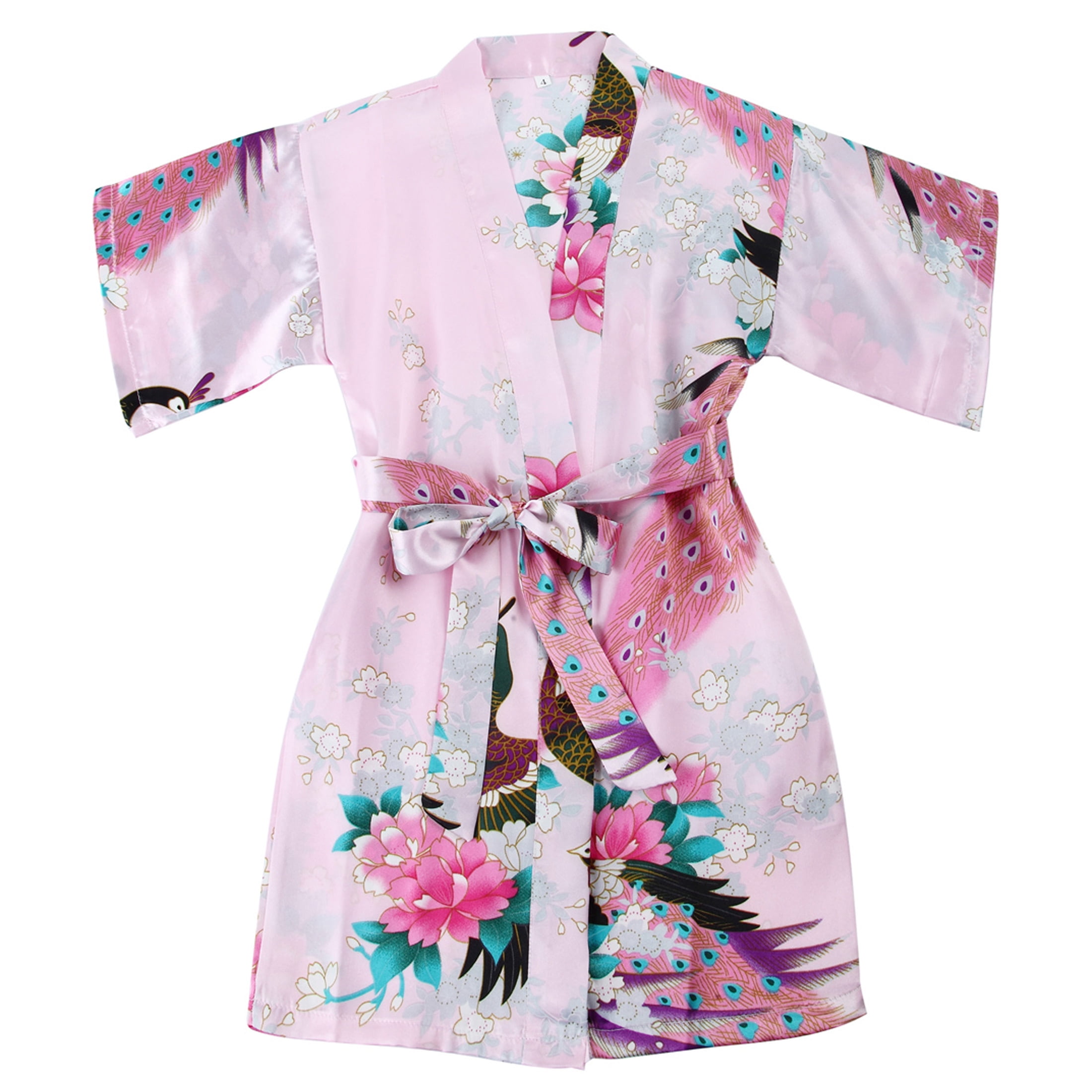 Girls Stain Kimono Robe, Peacock Flower Kids Japanese Robe for Spa