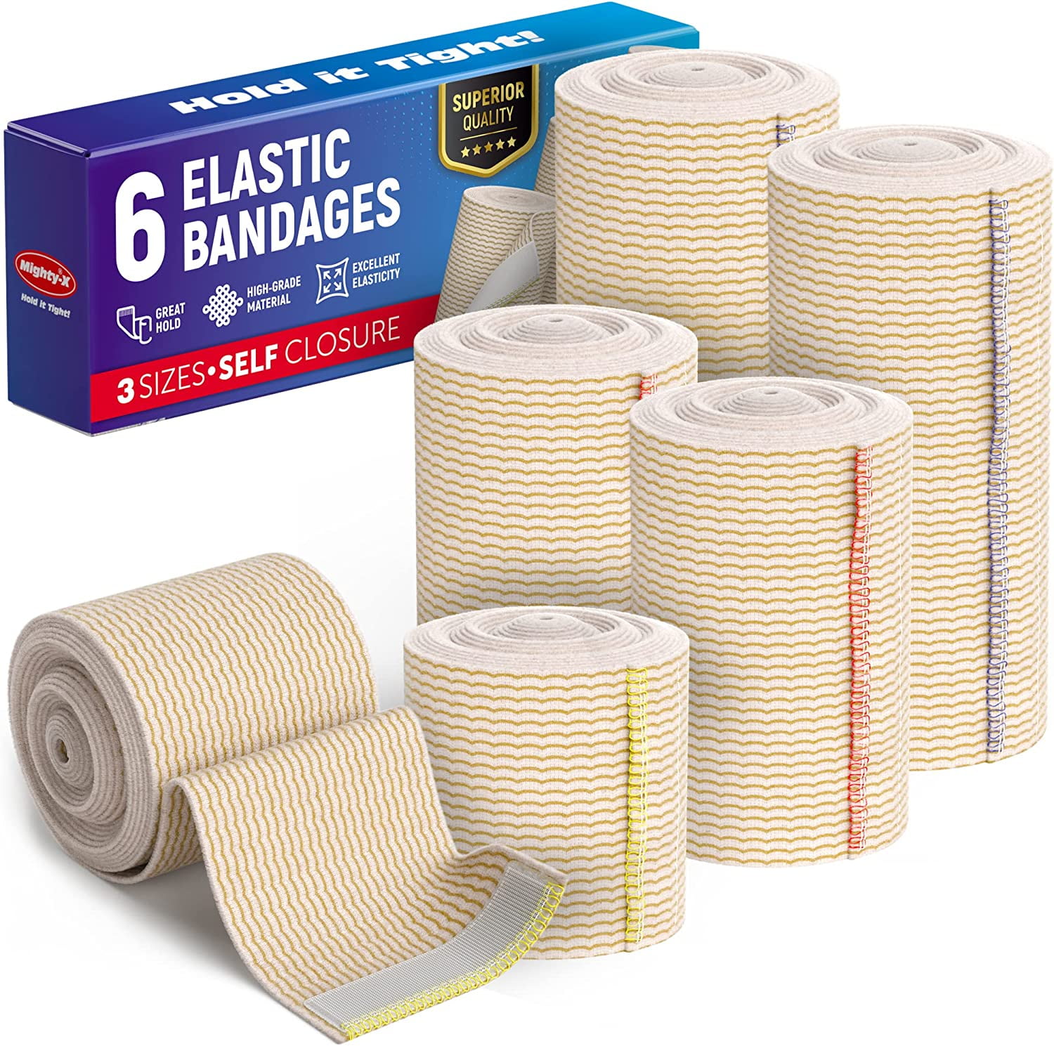 Premium Elastic Bandage Wrap with SelfClosures 6 pk (2x2”, 2x3", 2x4