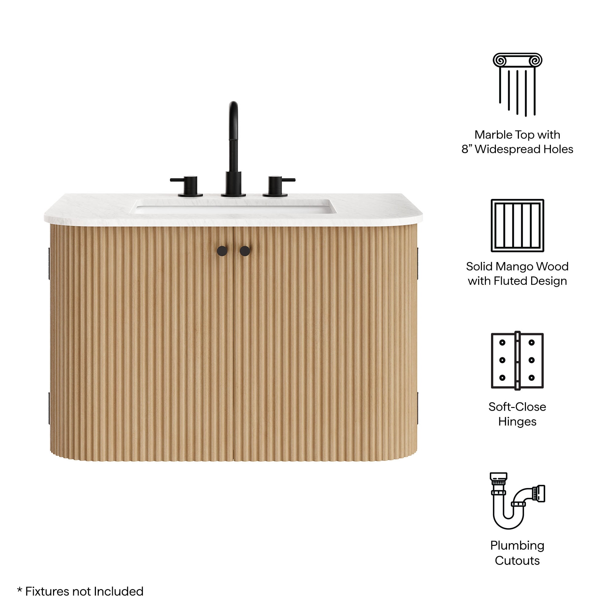 Zia 30" Wall-Mount Bathroom Vanity with Marble Sink in Natural