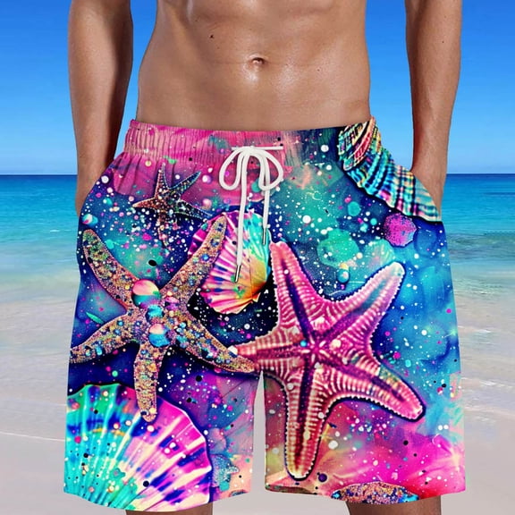 Ceisia Mens Big & Tall Starfish Seashell Print Beach Shorts Drawstring Waist Quick Dry Swim Trunks For Summer Surfing XXXXL Multicolor Gifts for Father