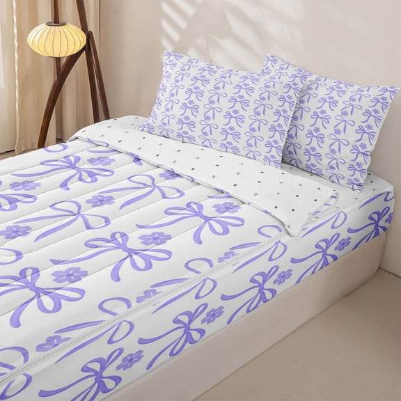 Manfei Purple Bow Flower Zipper Twin Comforter Sets with Fitted Sheet and 2 Pillowcases for Girls, Cute Ribbon Zipper Bedding Set, Reversible, 4 Pieces