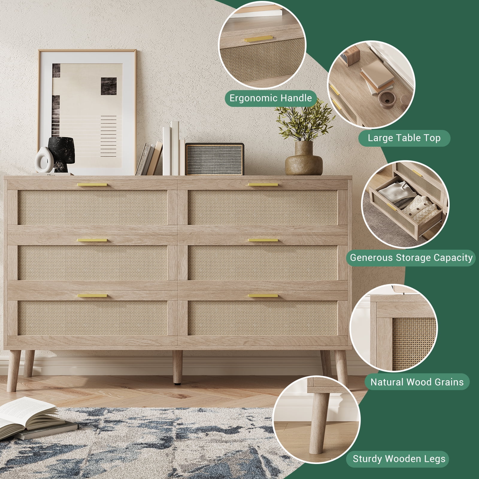 Accreate 6-Drawer Natural Rattan Dresser with Golden Handles - Farmhouse Wood Chest of Drawers for Bedroom, Living Room, Entryway & Hallway