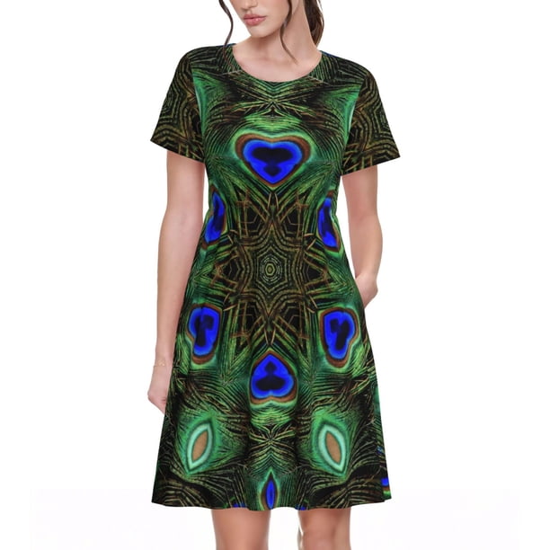 Easygdp Peacock Feathers para Vestido Transpirable de Mujer, Vestido Suelto de Manga Corta con Pliegues y Bolsillos para el Verano