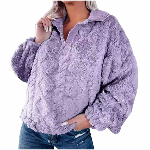 Lovskoo Women's Fuzzy Fleece Sweatshirt Fashion Winter Warm Half Zipper Lapel Collared Solid Color Long Sleeve Coat Purple