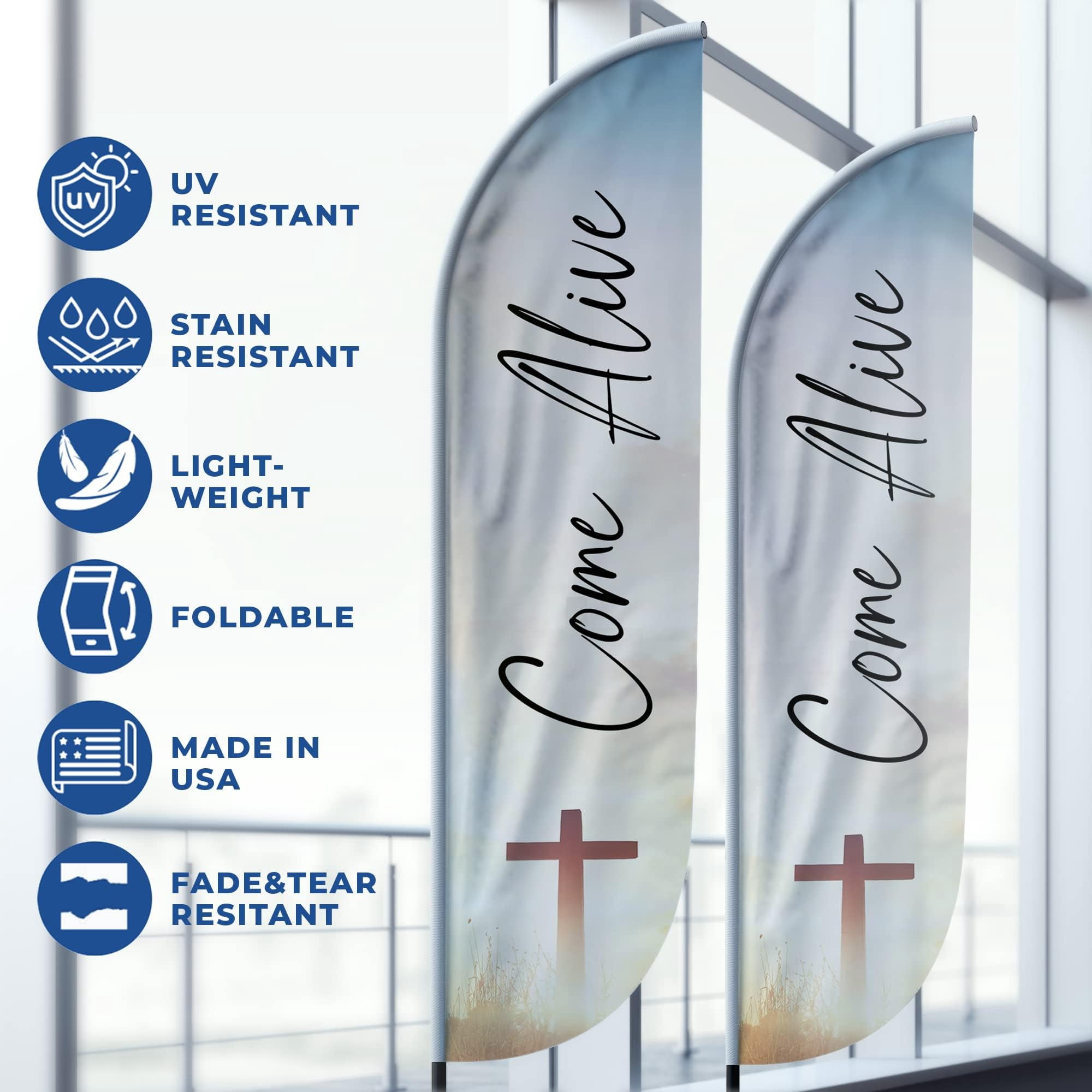 Church Feather Flag(11.5feetX2.5feet) by DreamController | Outdoor Business Advertising Tall Flag | Weather-Resistant Knitted Swooper Flag | Made in USA | HD Print (Flag Only)