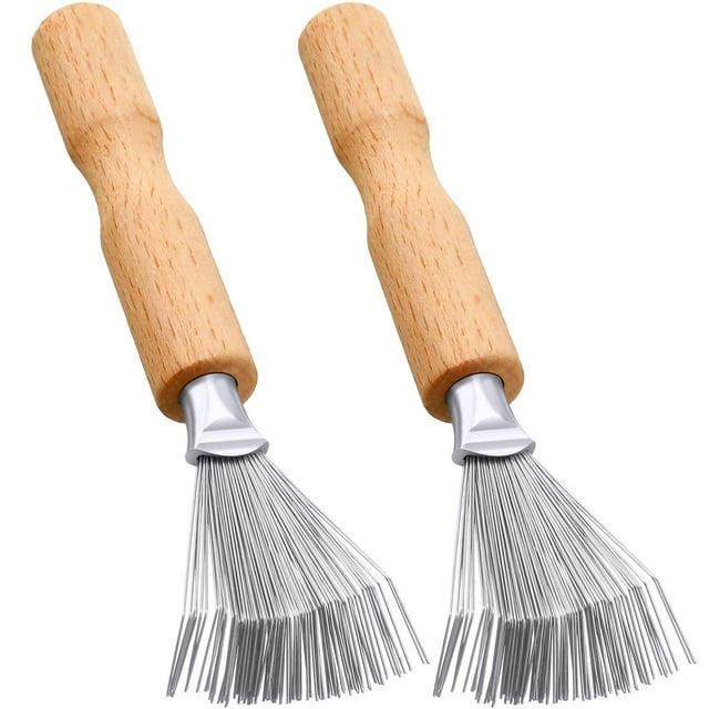 2 paquetes de limpiador de cepillos para el cabello, herramienta de limpieza, limpiador de peines, limpiador de cepillos para el cabello, cepillos para peines, mini cepillo para quitar la suciedad del cabello con rastrillo de alambre de metal, mango de madera para uso doméstico y de salón (mango con ranura)
