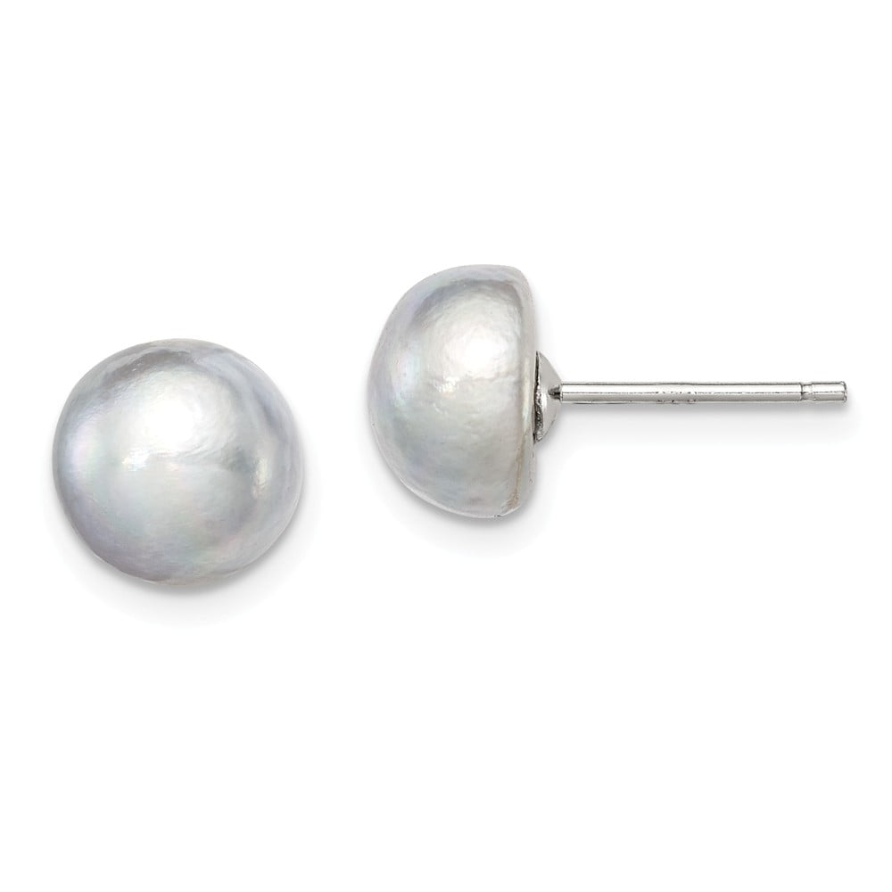 Sterling Silver 9-10mm Grey Freshwater Cultured Button Pearl Stud Earrings