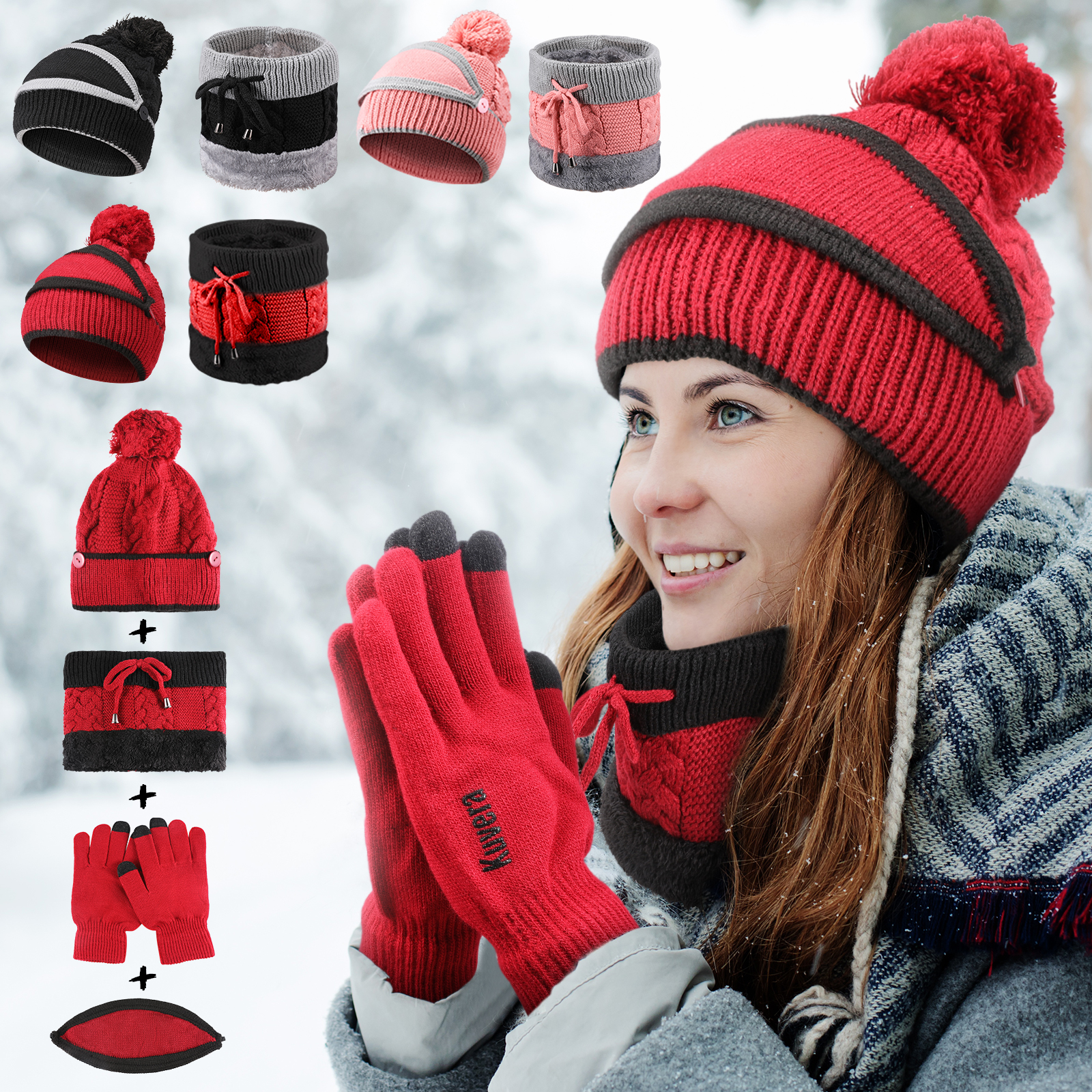 MUCH 3 in 1 Beanie Hats Snow Winter Knit Scarf Gloves Mask Toboggan Ski