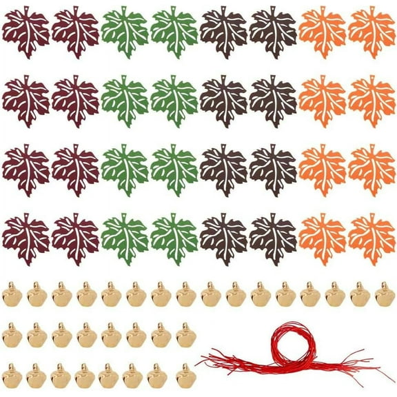 32Pcs 4 Colors Felt Maple Leaf Ornaments Thanksgiving Decorations Hanging Fall Leaves Pendants with 36Pcs Bell and Rope for Home Thanksgiving Farmhouse Autumn Harvest Decor Silver
