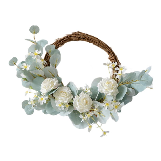 Corona de flores artificiales de rosas para primavera y verano, corona floral para puerta de entrada, ventana, porche, chimenea, puerta de granja