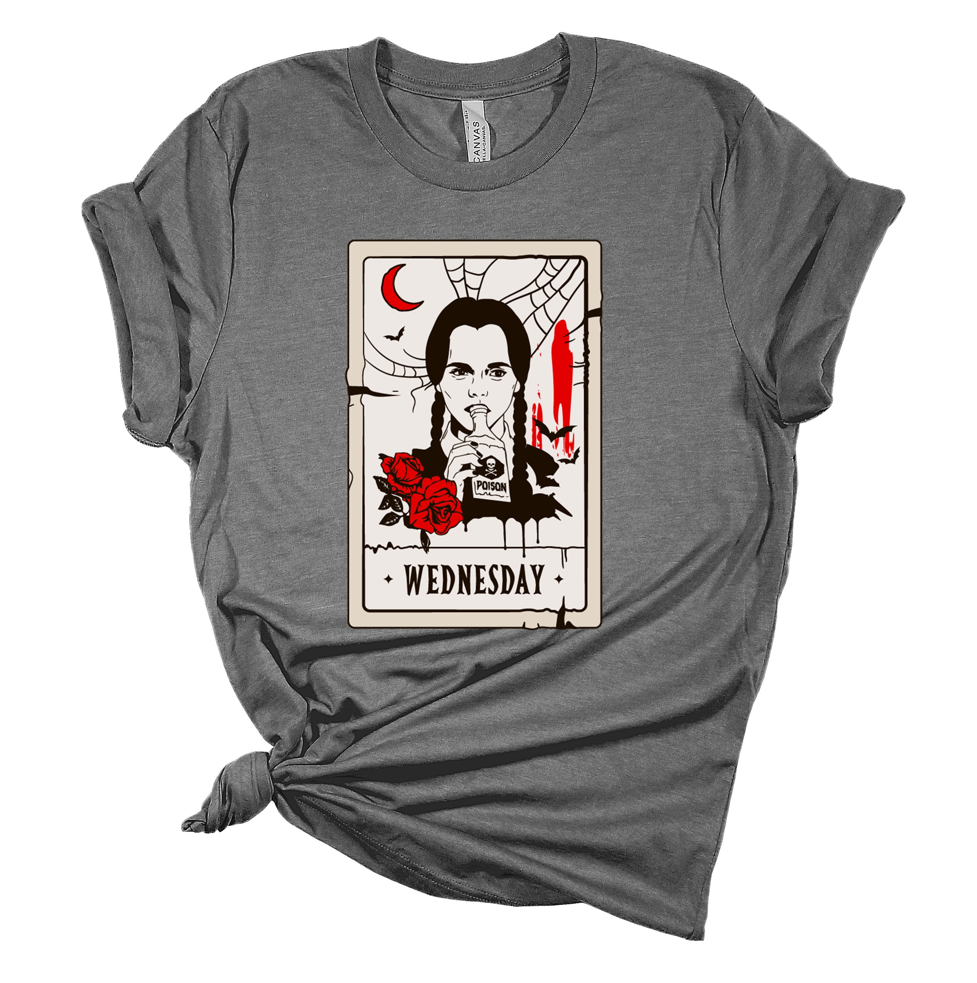 Wednesday Addams Distressed And Ripped Poison Bottle Roses And Cobwebs Tarot Card Unisex Bella Canvas Short Sleeve T-shirt, Heather Grey- Large