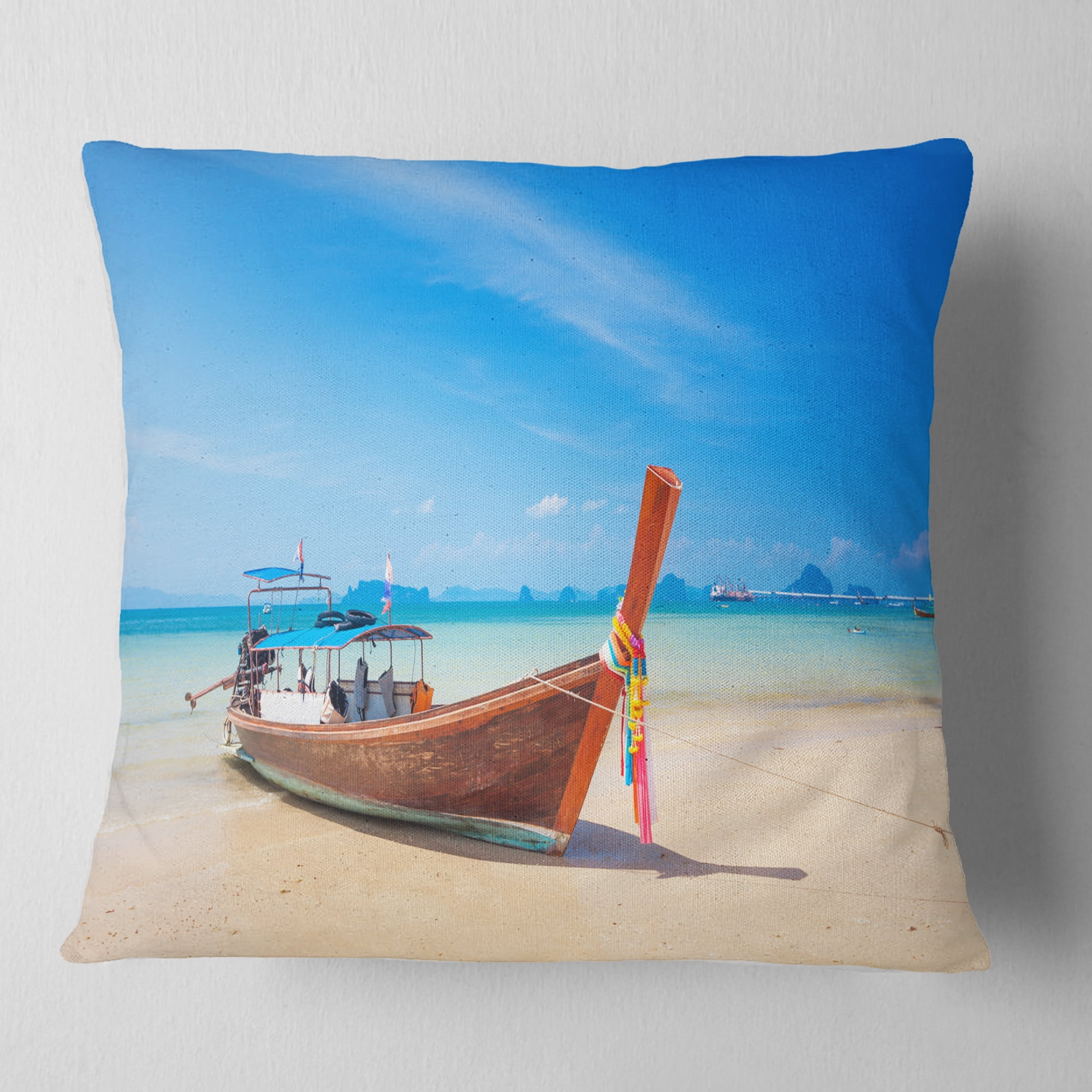 Designart Tropical Beach with Boat - Seashore Photo Throw Pillow - 16x16