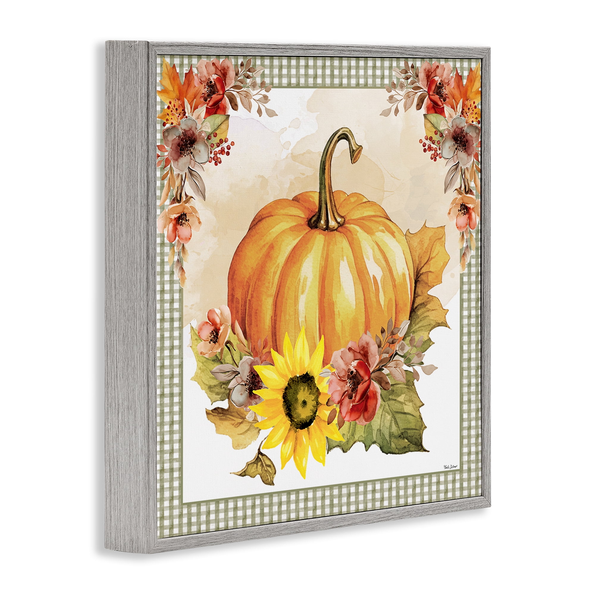 Stupell Industries Pumpkin with Flower Accent Botanical & Floral Painting Gray Framed Art Prints Wall Art, 17 x 17