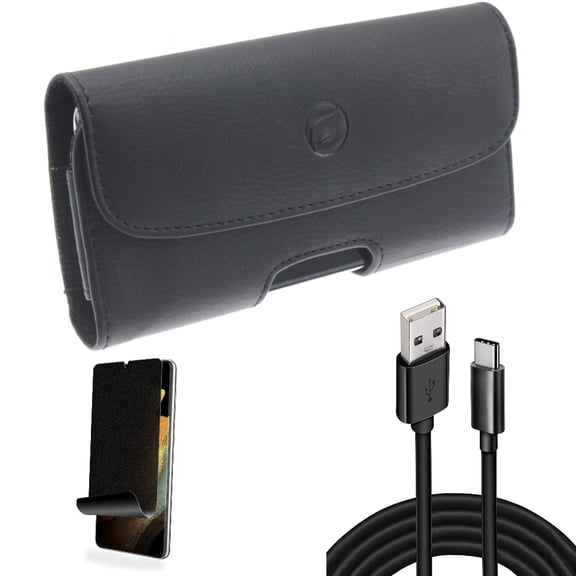 Privacy Screen Protector & 10ft USB Cable & Case Belt Clip for Samsung Galaxy S22 Plus (S22 ) - Combo TPU Film (Fingerprint) Anti-Peep & Type-C Charger Cord Power & Leather Holster Cover