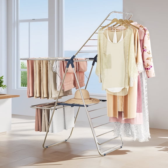 BEHERZT Clothes Drying Rack, 3-Tier Heavy Duty Stainless Steel Foldable Laundry Stand with Large Capacity High Hanger, Shoe Rack & Adjustable Wings, Indoor Outdoor Use