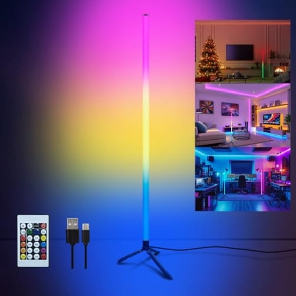 Floor Lamp with Music Sync, Smart Modern LED Corner with Remote Control, RGB DIY LED Lamp Changing Ambience Light, Color Changing Standing Floor Lamp for Living Room Gaming Room