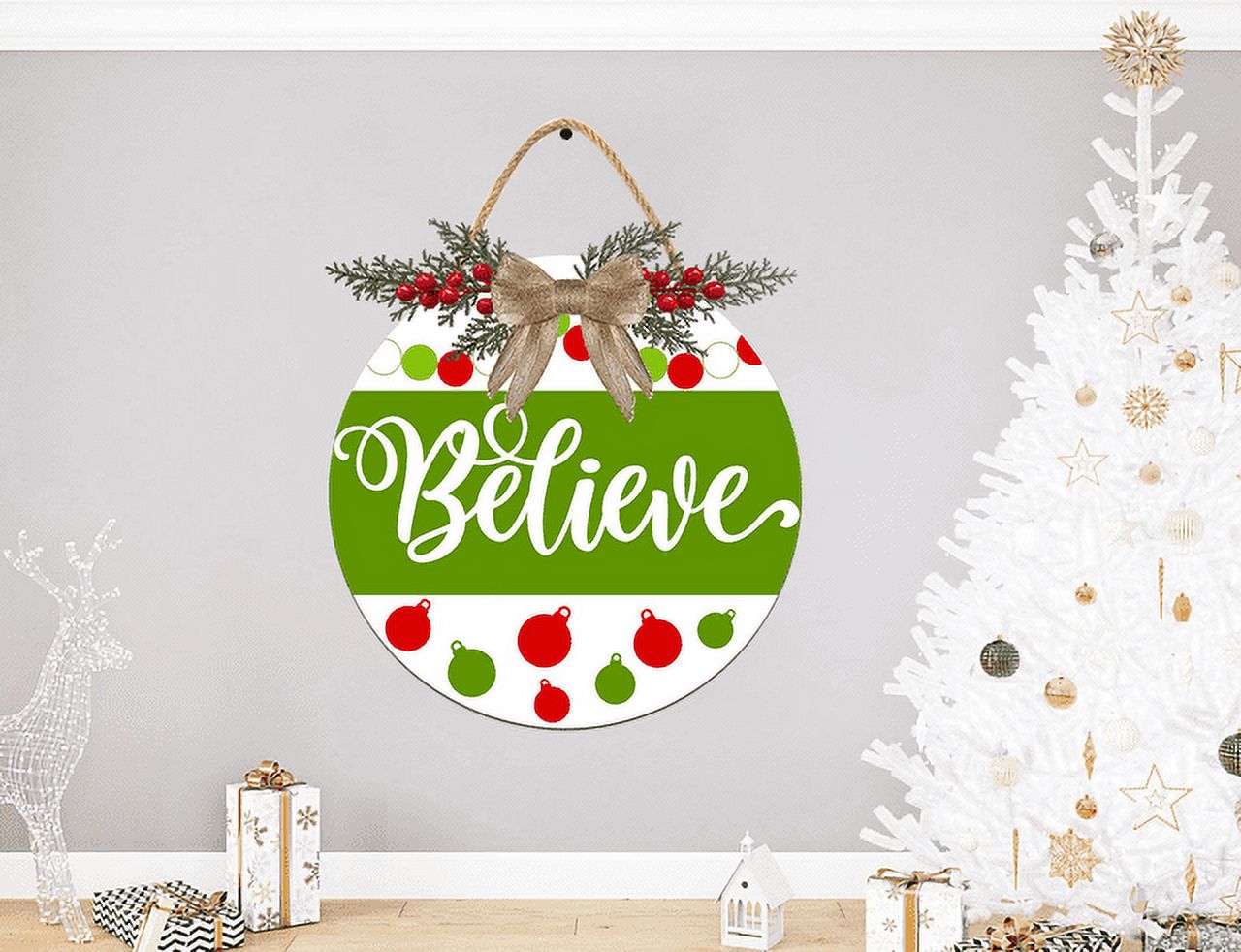 Eveokoki Believe Door Hanging Sign 12 inch Wooden Wall Sign, Rustic Holiday Wreath Decor for Front Door Porch Home Window Wall Farmhouse Decorations