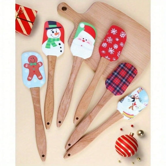 1PCS Festive Christmas Silicone Scraper  with Wooden Handle Ideal for Baking Cooking Cake Decorating Baking Supplies Accessories Kitchen Supplies Accessories