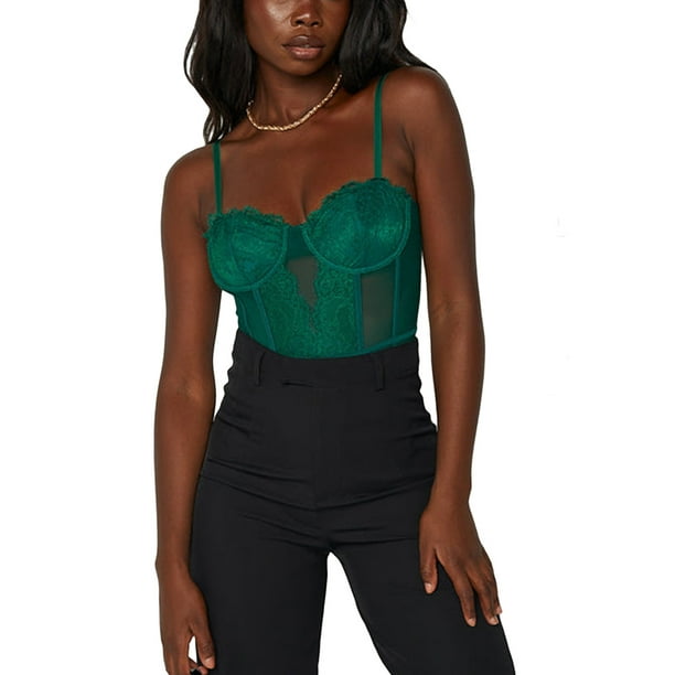 Women's Green Bodysuit Sleeveless Sweetheart Lace Jersey