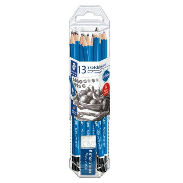STAEDTLER Mars Lumograph Graphite Artist Pencil Pack 12 grados (8B 7B 6B 5B 4B 3B 2B B HB F H 2H) Borrador de plástico Mars 61 100 P