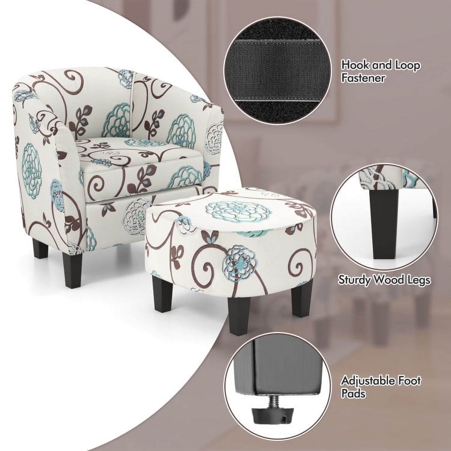 Demi Bonn Accent Chair with Ottoman Set, Modern Accent Tub Chair and Ottoman Set with Fabric Upholstered, for Living Room, Bedroom, Beige