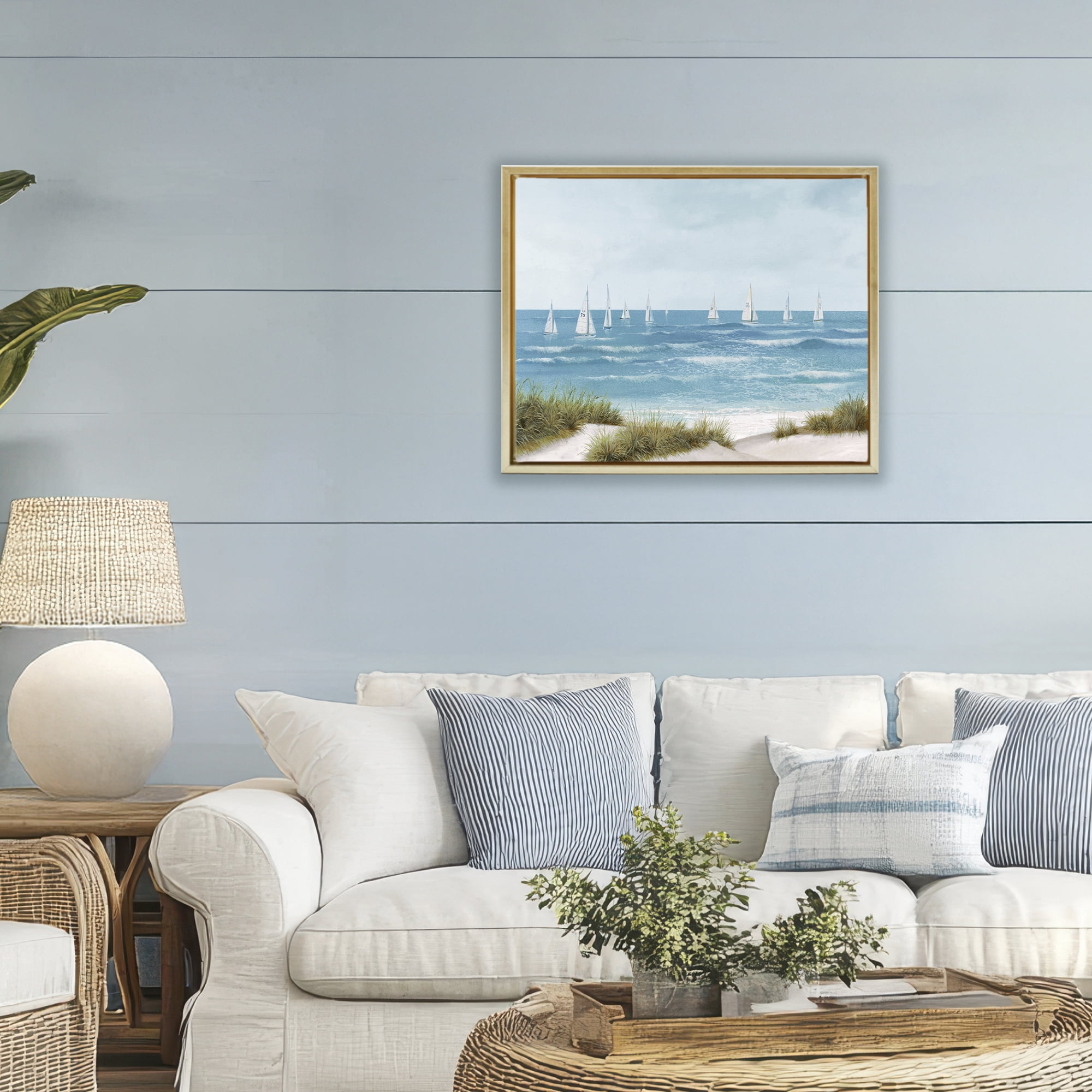 Stupell Industries Sail Away Seaside Boats Gold Framed Floater Canvas Wall Art, design by Lorenzo Collective