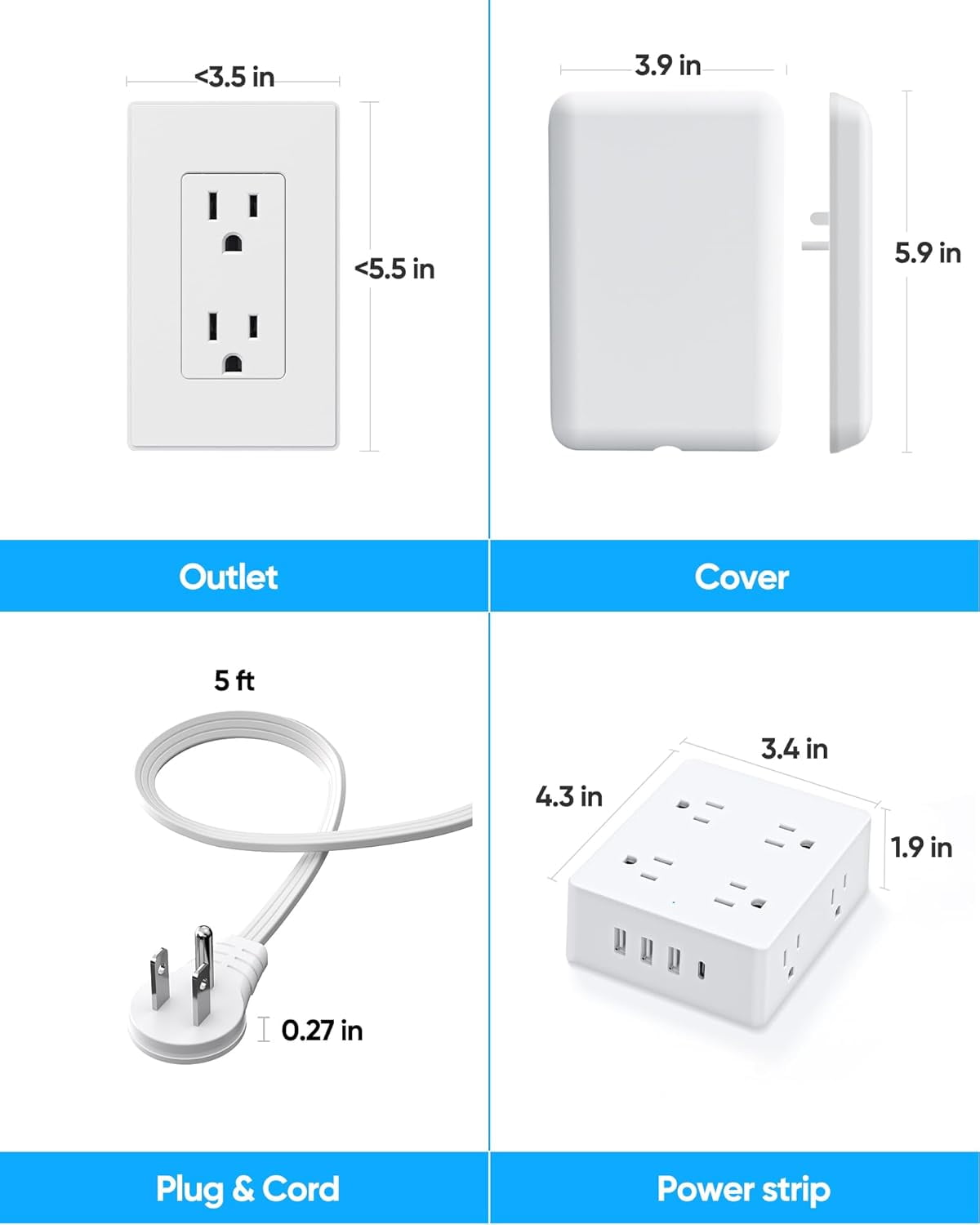 Flat Extension Cord with Outlet Cover,  Flat Plug Power Strip with 8 Outlets and 4  Ports, 2000 Joules Surge Protector, 3 FT Cord  Outlet Extender for Tight Spaces