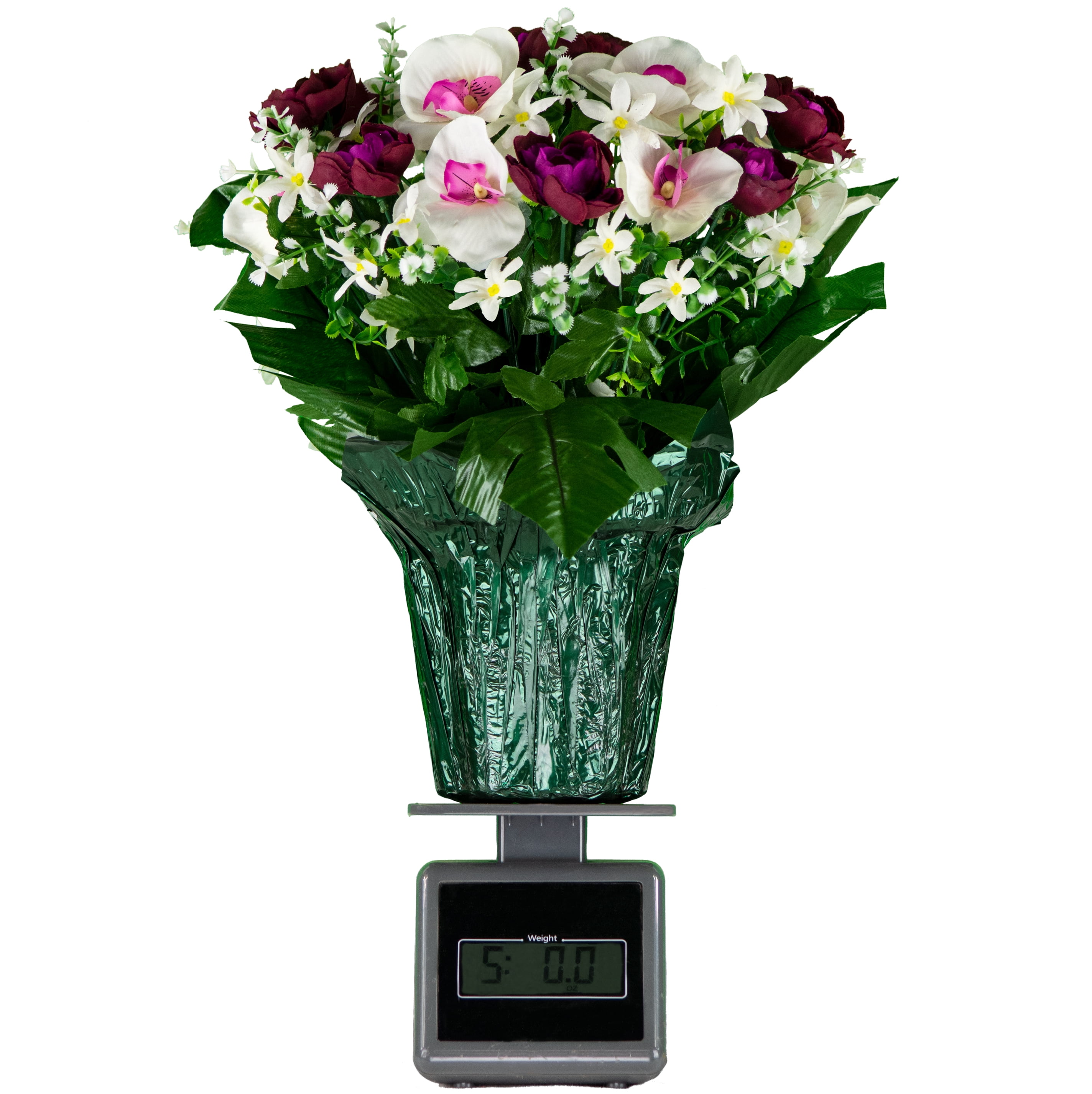 Sympathy Silks Artificial Flowers, Weighted Pot Decoration, Violet Cabbage Rose White Orchids Flower Pot