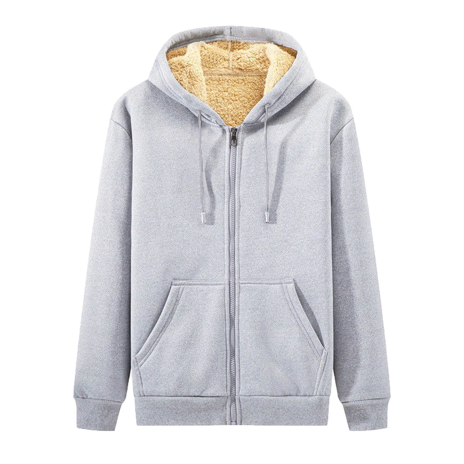 CCRFTGI Grey Jacket Men Heavyweight Thick Sherpa Lined Jacket Warm Soft Zipper Sweatshirt Long Sleeve Hooded Coat with Pockets Gray XL