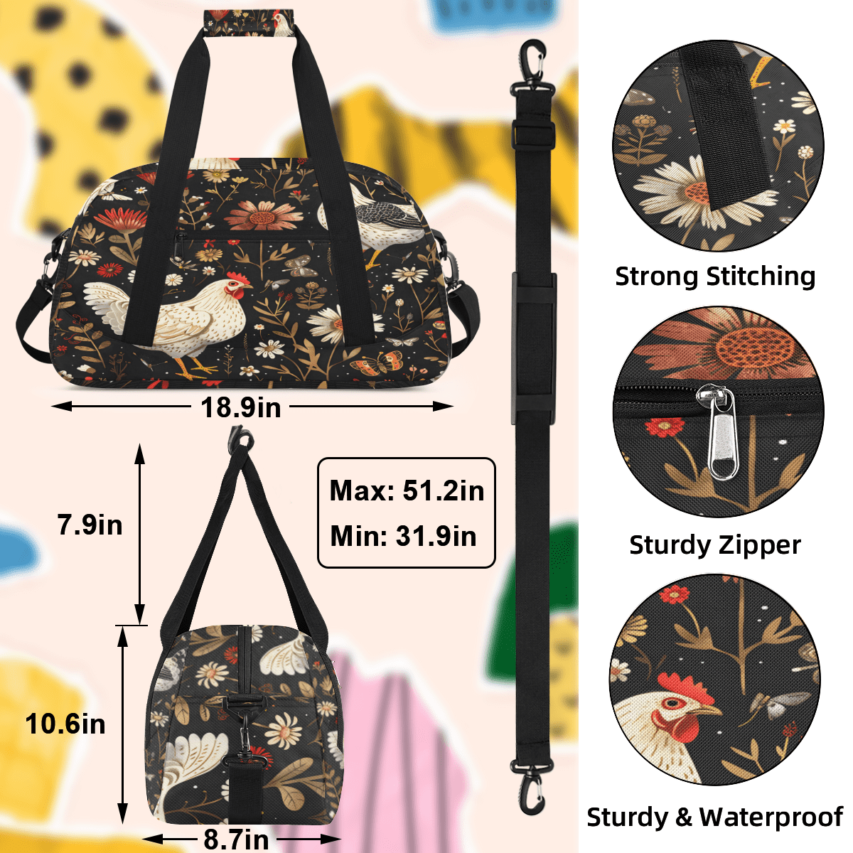 Herdesigns Sports Duffle Bags Travel Duffle Bag Gym Bag Farmhouse Floral Chicken Weekender Travel Bag Waterproof Overnight Bag Carry On Travel Tote Bag Dance Bags