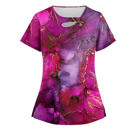 

BIZIZA Scrubs Women Casual Plus Size with Two Pocket Uniform V Neck Graphic Short Sleeve Women s Summer Tops on Clearance Hot Pink L
