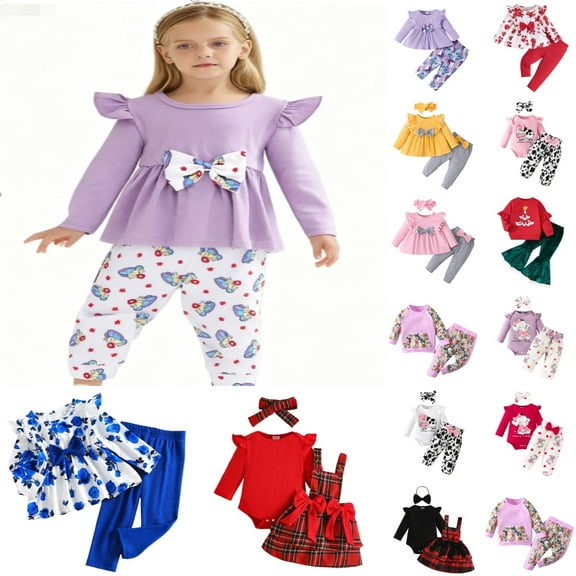 MuXiKeJi Clothes Baby Toddler Girl Clothes Long Sleeve Ruffle Bow Top Girls' Clothing Sets&Floral Print Pants Fall Winter Outfit 12M-4T