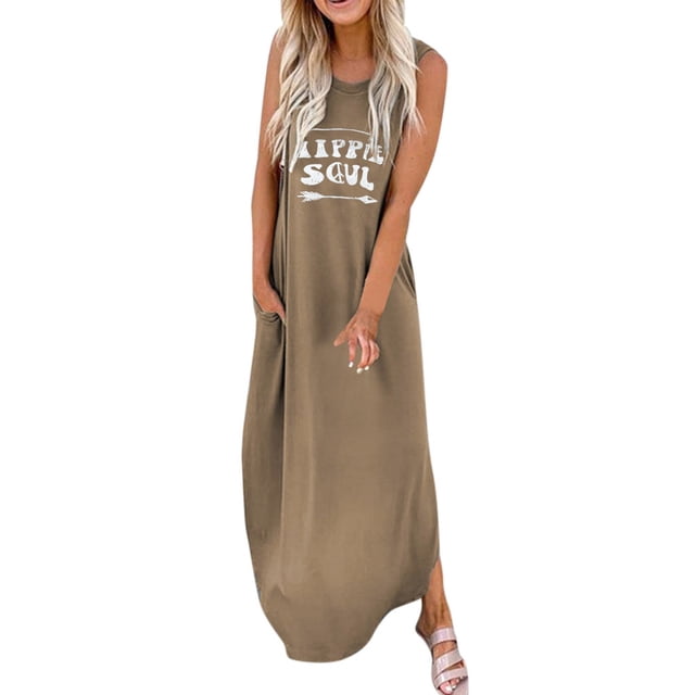 Kcodviy Robe Longue Décontractée Femme Robe à Col Montant pour Femme Imprimée à Lettres Sans Manches Maxi en Coton Robes pour Femme Décontractées d'Été Bohème Quotidien Col Rond Robe Midi Petite pour Femme