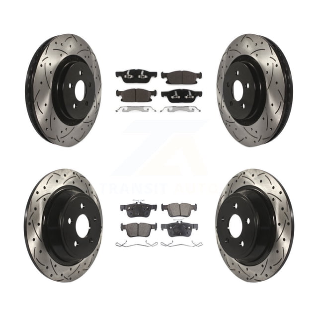 Transit Auto Front Rear Coated Drilled Slotted Disc Brake Rotors and Ceramic Pads Kit for Car Ford Edge Lincoln Nautilus MKX KDT-100249