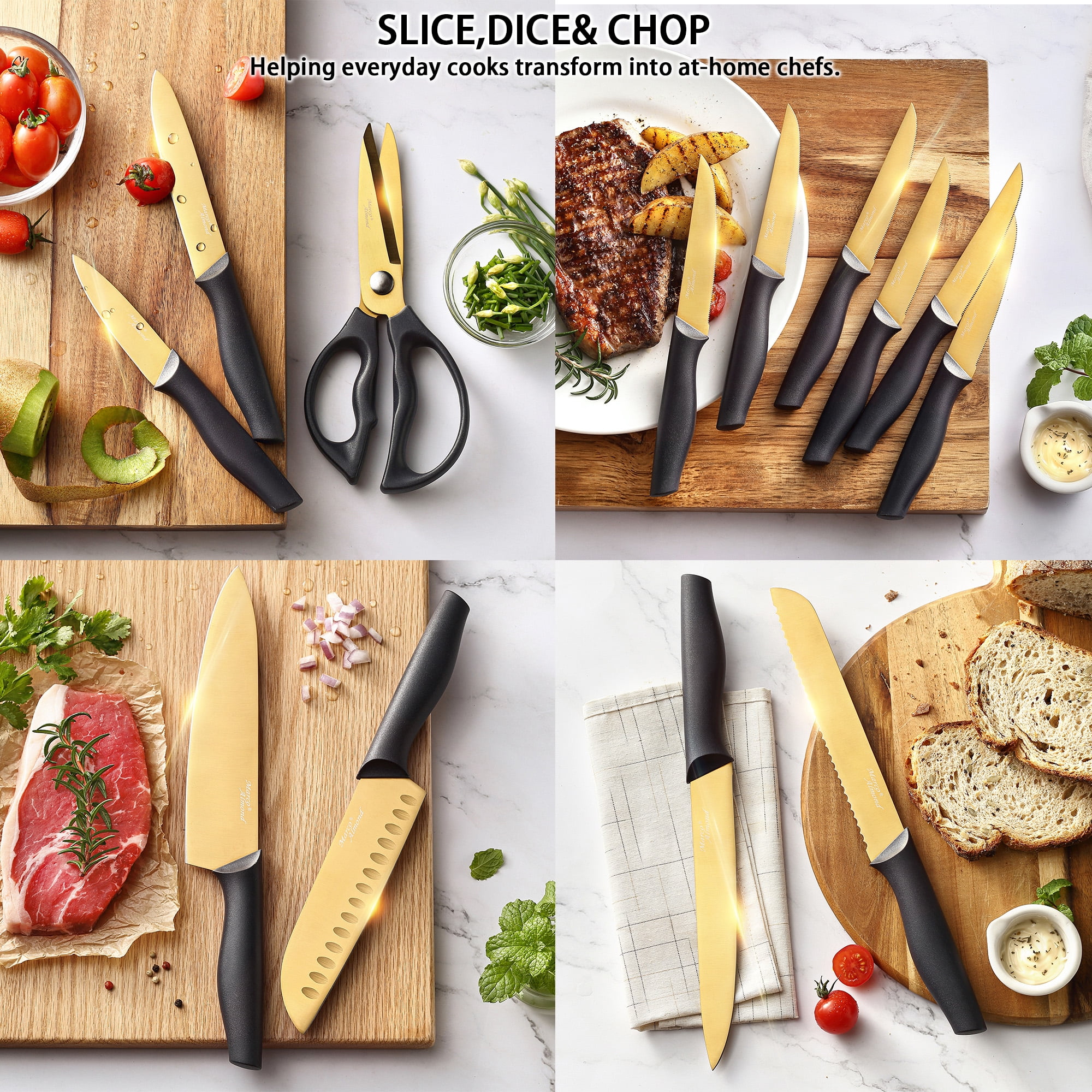 Golden Kinfe set,Marco Almond KYA23 14-Piece Dishwasher Safe Knife Set with Stand Kitchen Knives Stainless Steel