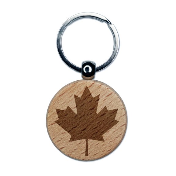 Canada Maple Leaf Round Keychain Charm Tag - Engraved Wood